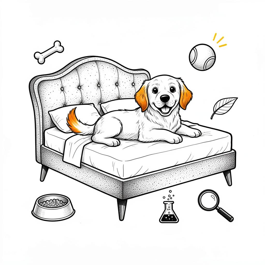 Hand-drawn illustration of a happy golden retriever lounging on a midcentury dog bed — The Curious Dog Owner